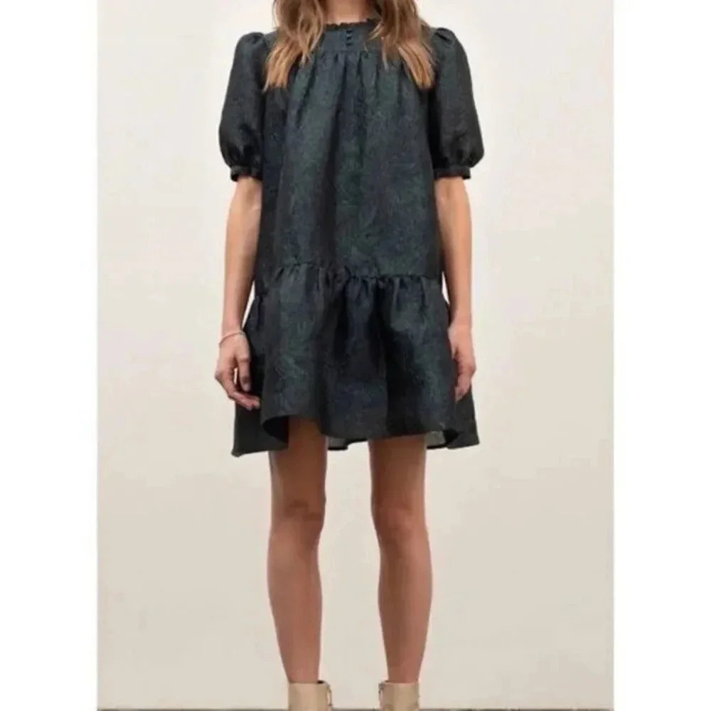 Moon River Ruffled Neck Puff Sleeve Mini Jacquard Dress